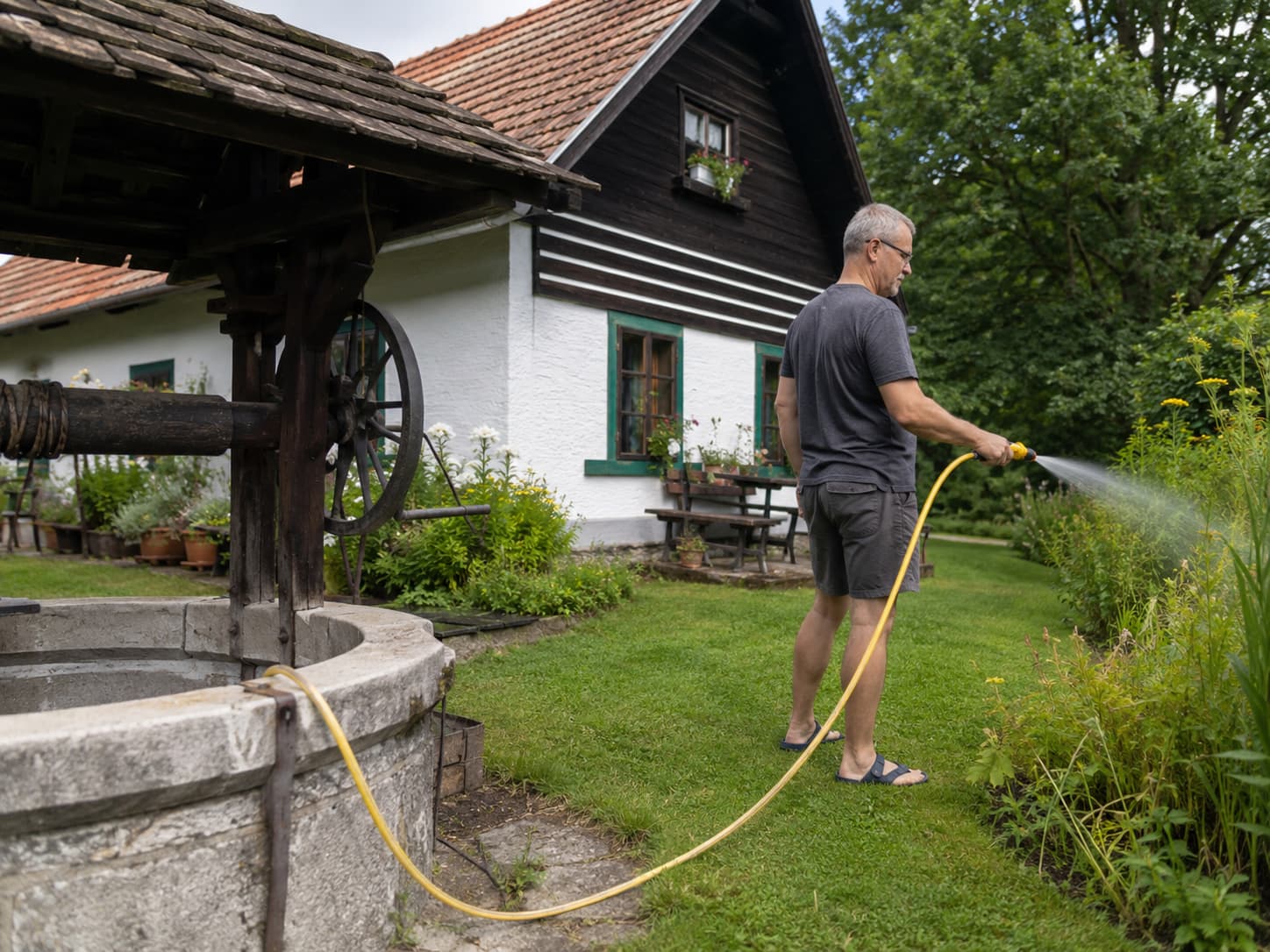 muž zalévá zahradu 