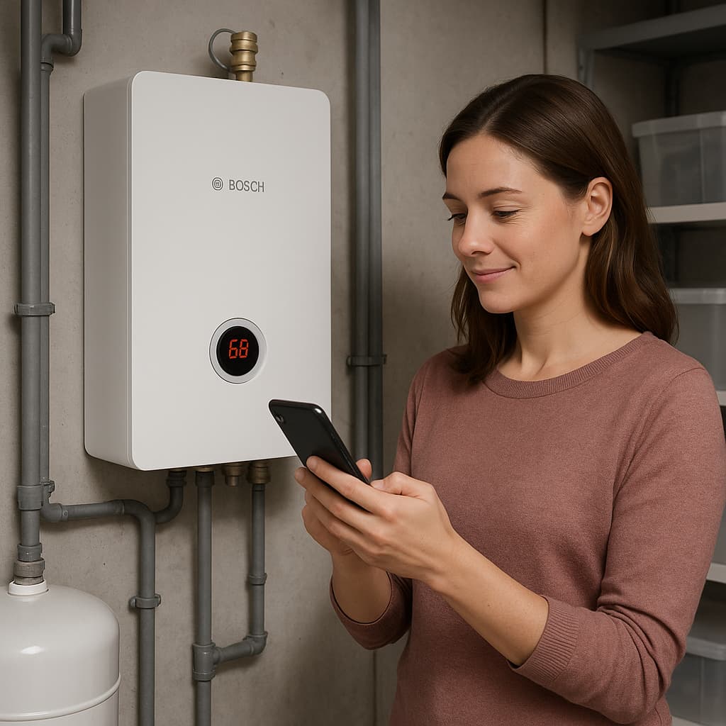 žena ovládá telefonem elektrkotel
