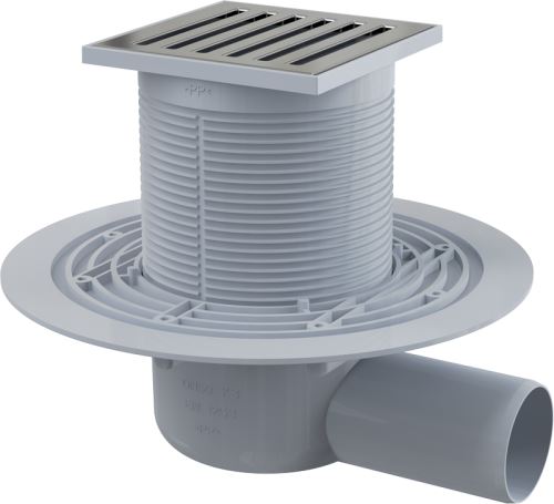 ALCADRAIN Podlahová vpust 105×105/50 mm boční, mřížka nerez, vodní zápachová uzávěra (APV103)