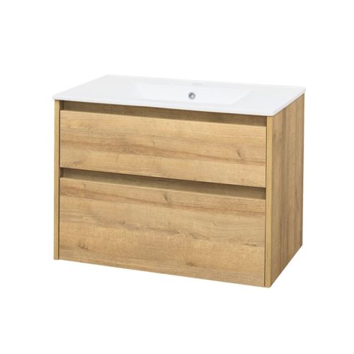 Mereo Opto, koupelnová skříňka s keramickým umyvadlem, dub, 2 zásuvky, 810x580x458 mm (CN921)