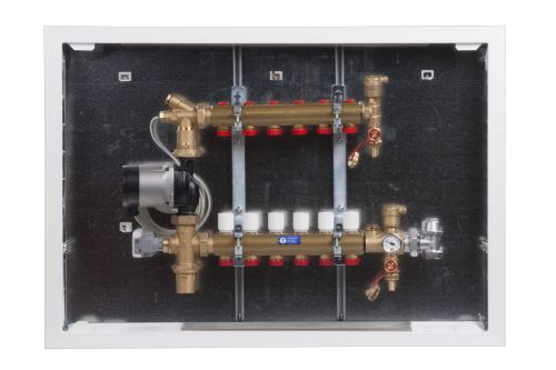 GIACOMINI R557MSA-G Směšovací rozdělovač pro podlahové vytápění do nízkoteplotních systémů,  včetně skříně do zdi 1"x18/3 (R557MSAY73)