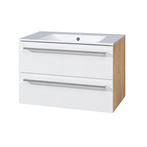 Mereo Koupelnová skříňka s keramickým umyvadlem 80 cm,bílá/dub, 2 zásuvky (CN671)