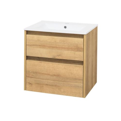 Mereo Opto, koupelnová skříňka s keramickým umyvadlem, dub, 2 zásuvky, 610x580x458 mm (CN920)