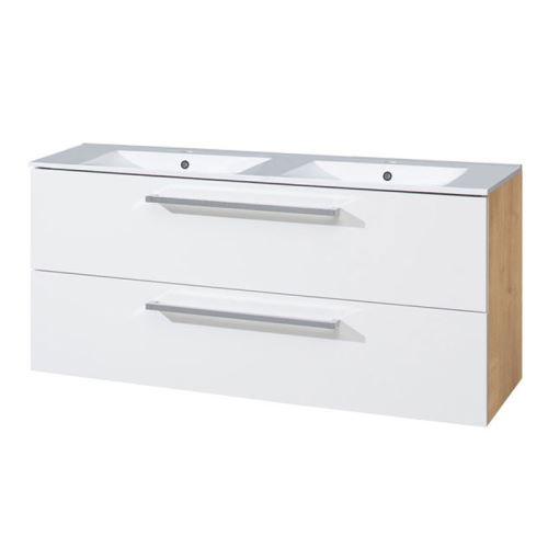 Mereo Koupelnová skříňka s keramickým dvoumyvadlem 120 cm,  bílá/dub, 2 zásuvky (CN673)