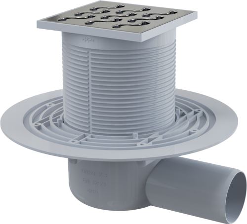 ALCADRAIN Podlahová vpust 105×105/50 mm boční, mřížka nerez, vodní zápachová uzávěra (APV102)