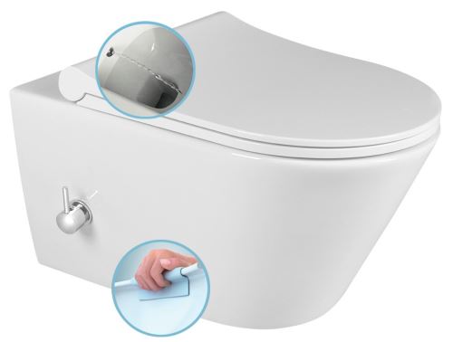 Sapho AVVA závěsná WC mísa Rimless, integrovaná baterie a bidetová sprška 35,5x53 cm, bílá