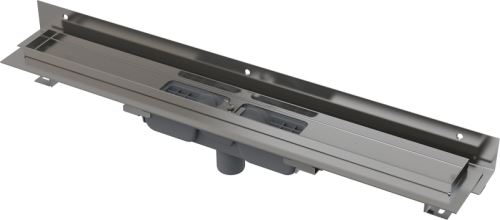 ALCADRAIN FLEXIBLE LOW - Podlahový žlab s okrajem pro perforovaný rošt a s nastavitelným límcem ke stěně, svislý odtok (APZ1104-550)