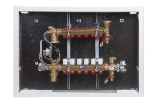 GIACOMINI R557MSA-W Směšovací rozdělovač pro podlahové vytápění do nízkoteplotních systémů,  včetně skříně do zdi 1"x18/3 (R557MSAY53)