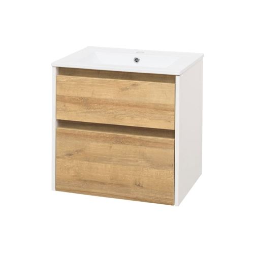 Mereo Opto, koupelnová skříňka s keramickým umyvadlem, bílá/dub, 2 zásuvky, 610x580x458 mm (CN930)