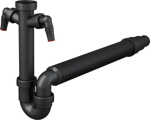 ALCADRAIN Sifon trubkový dřezový DN 50/40 se dvěma přípojkami Ø 17–23 mm, převlečnou maticí G 6/4" a flexi hadicí (A84-DN50/40E)